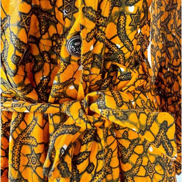 Vtg African Stars Orange Floral Hi Low Cotton Shirt Dress OSFM Pockets Wax Print - Picture 8 of 8